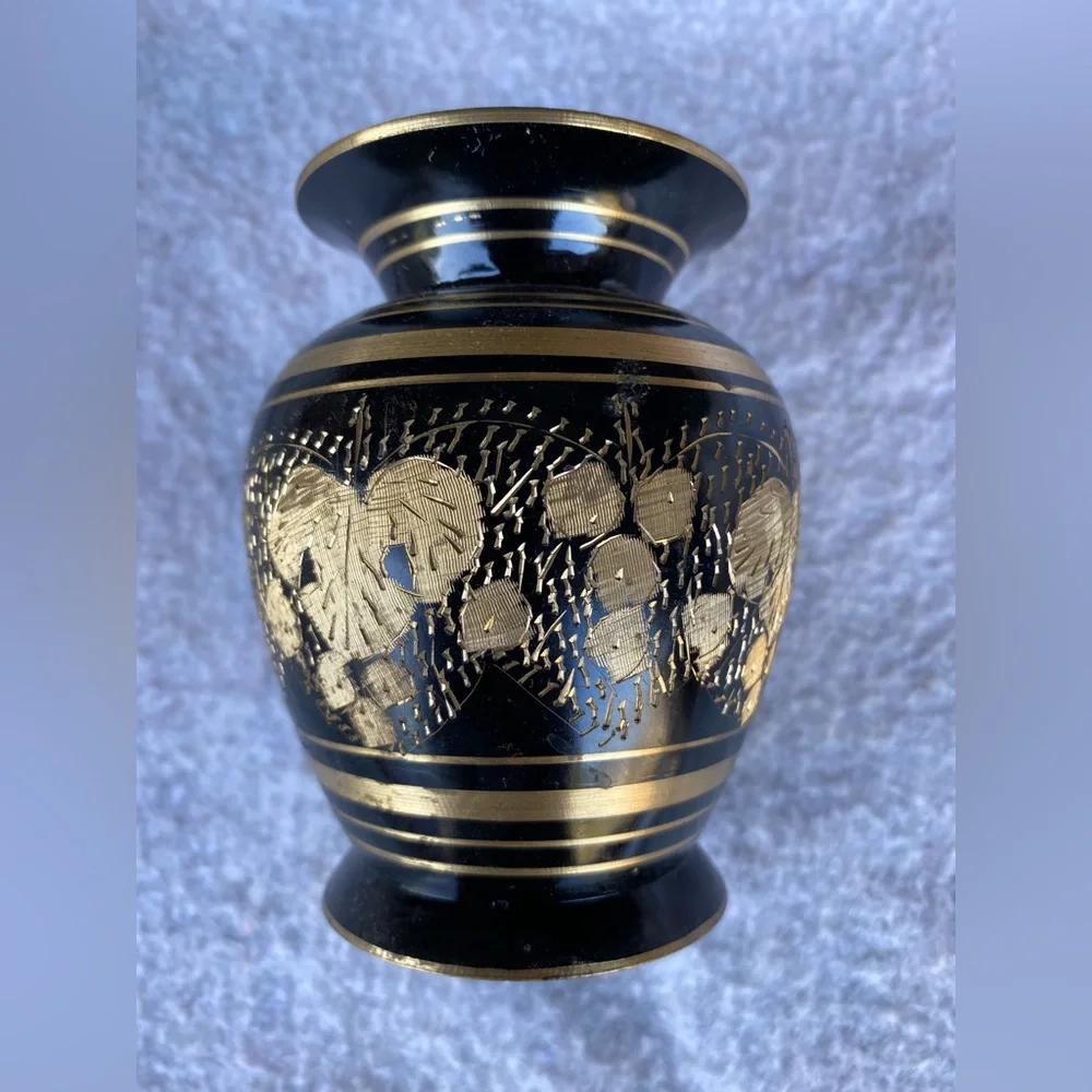 Vintage Solid Brass Vase India Hand-Crafted Decorative Floral Engraved Motif 6”